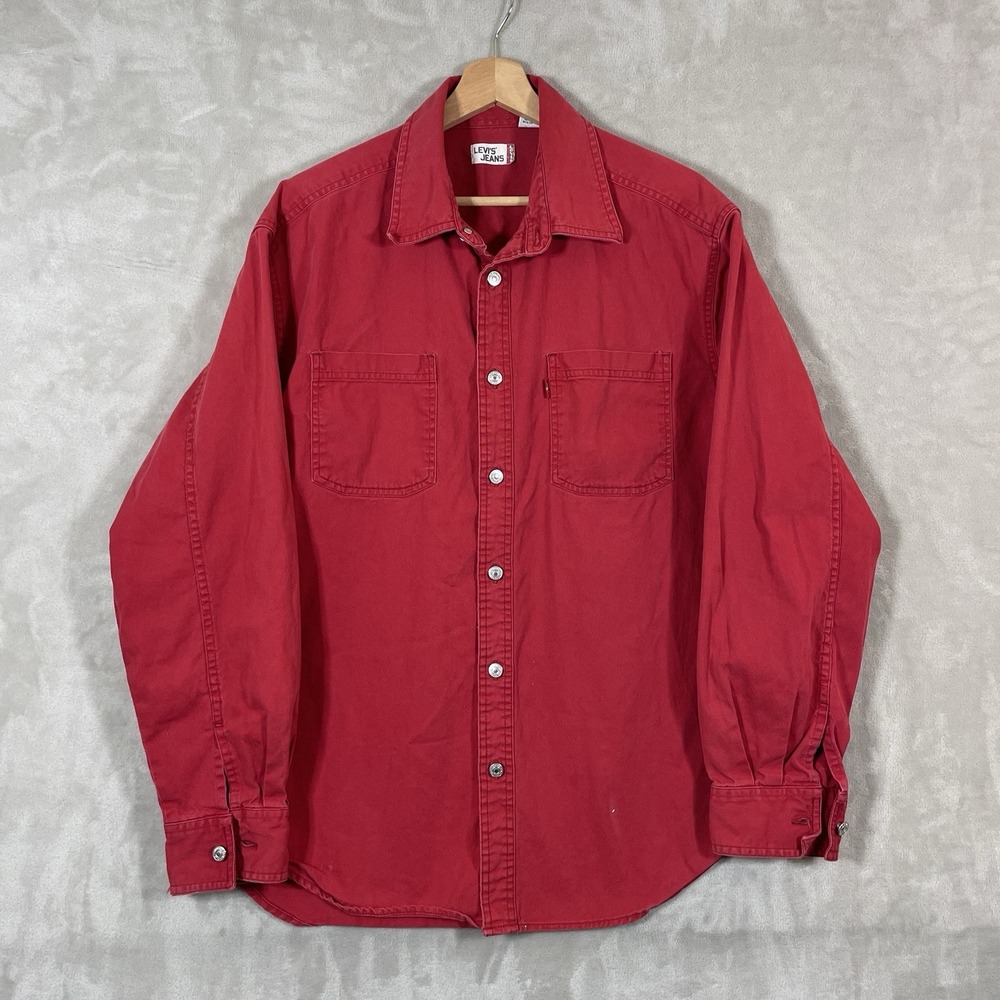 Vintage Levis Red Denim Shirt Mens Medium Metal Button Western 90s Heavyweight